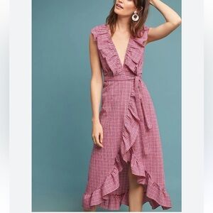 NWT Anthropologie MISA LA Stella Wrap
Ruffle Dress Size M Gingham Print Dress